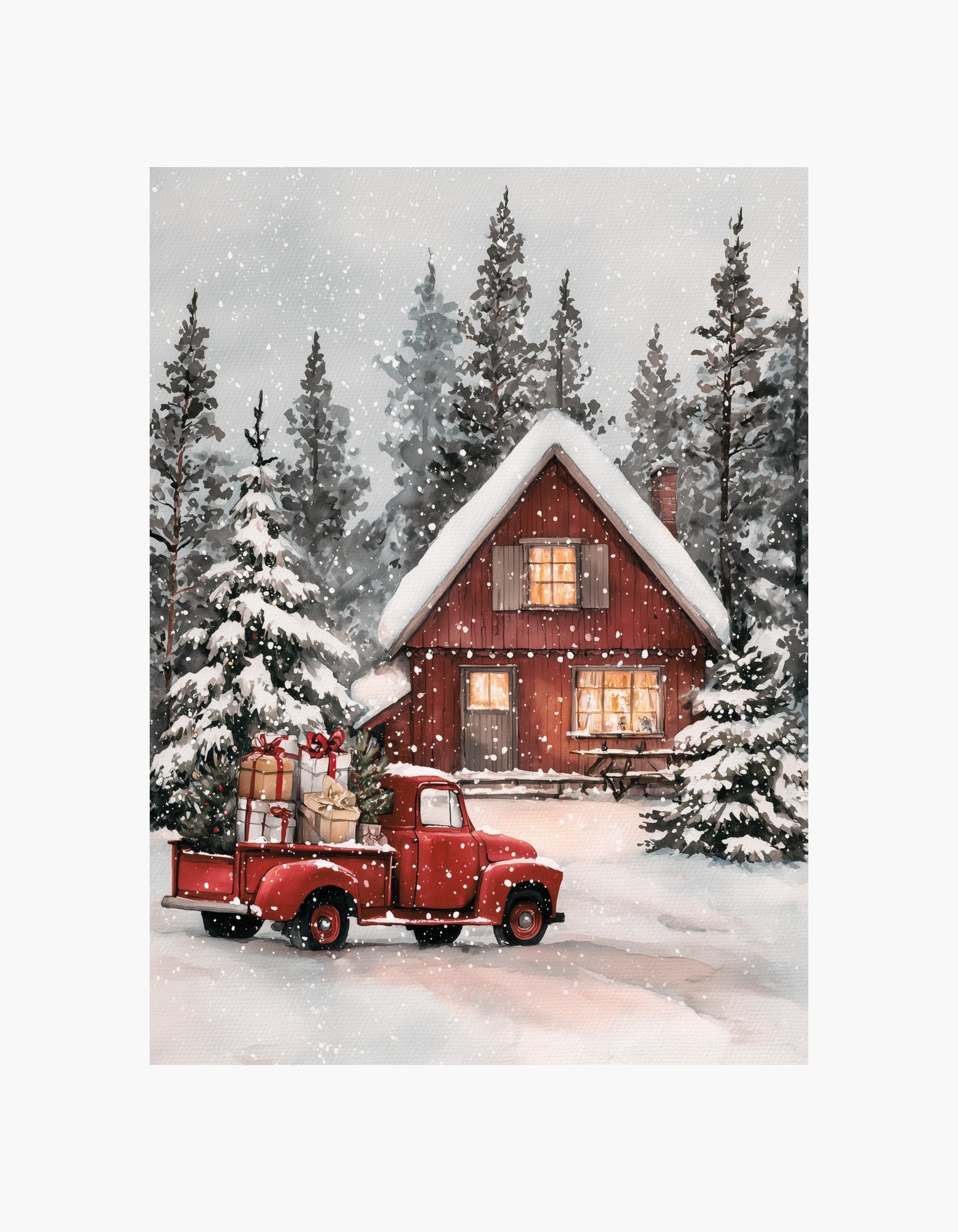 Red Christmas Cabin Truck Poster